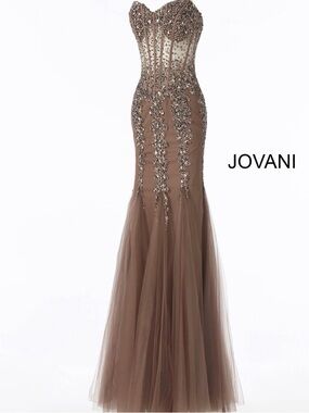 Jovani Taupe Strapless Embellished Tulle Mermaid Gown